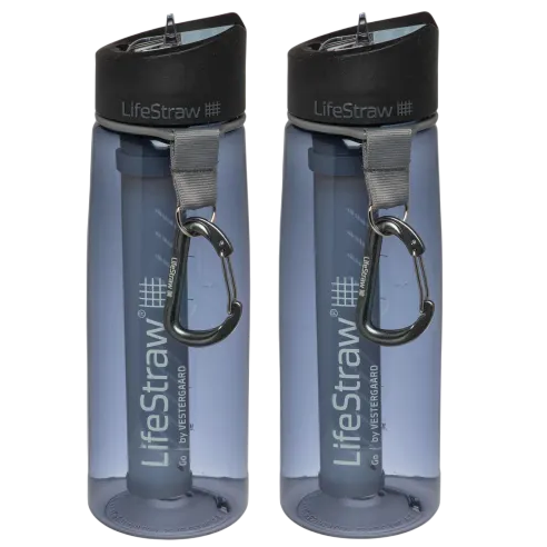 Two LifeStraw water bottles with black caps and integrated filters, featuring a strap and carabiner for easy carrying.