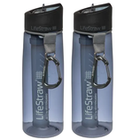 Two LifeStraw water bottles with black caps and integrated filters, featuring a strap and carabiner for easy carrying.
