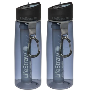 Two LifeStraw water bottles with black caps and integrated filters, featuring a strap and carabiner for easy carrying.