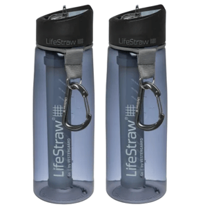 Two LifeStraw water bottles with black caps and integrated filters, featuring a strap and carabiner for easy carrying.