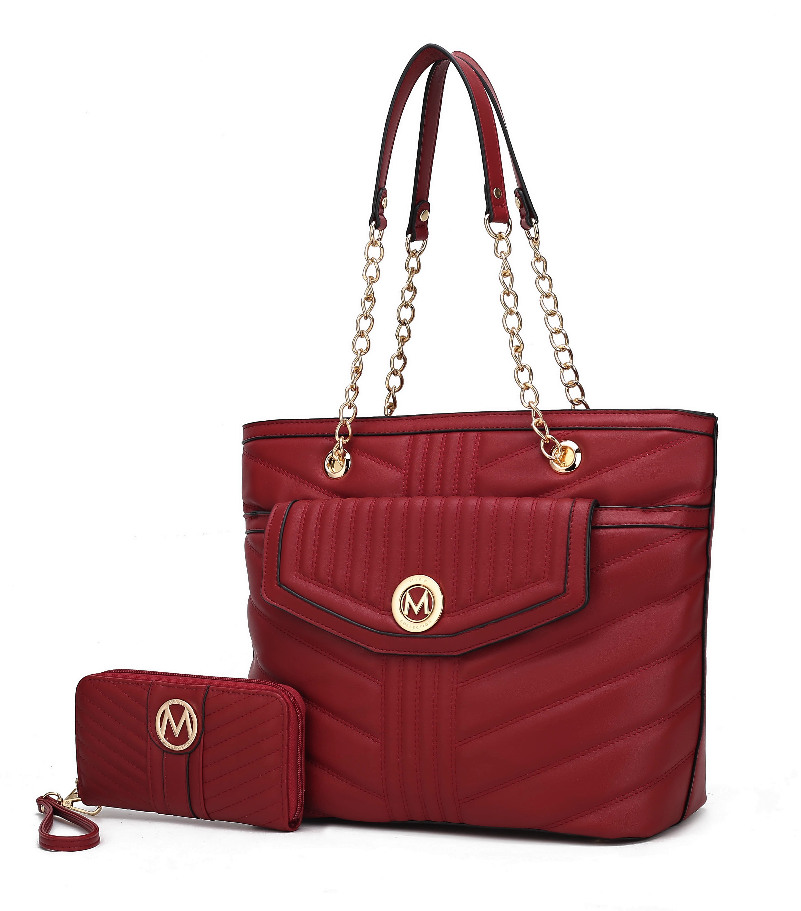 A red quilted handbag with gold chain straps and a matching wallet, both featuring a decorative \“M\“ emblem.