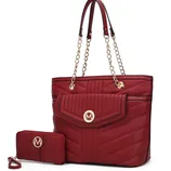 A red quilted handbag with gold chain straps and a matching wallet, both featuring a decorative \“M\“ emblem.
