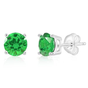 Pair of silver stud earrings each set with a round-cut green gemstone in a prong setting.