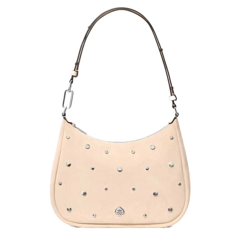 A beige shoulder bag with silver studs and a detachable strap. Features include a rounded silhouette and a discreet logo at the base.