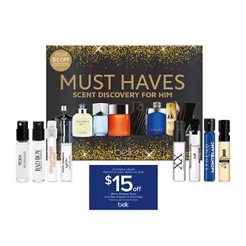 Must Haves Scent Discovery for Him set from Belk includes multiple cologne samples with a $15 off coupon. The samplers feature brands like Prada, Montblanc, and more, arranged in front of a decorative box.