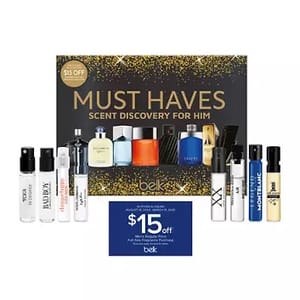 Must Haves Scent Discovery for Him set from Belk includes multiple cologne samples with a $15 off coupon. The samplers feature brands like Prada, Montblanc, and more, arranged in front of a decorative box.