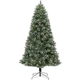A pre-lit artificial Christmas tree with a metal stand, featuring green branches dusted with snow and integrated warm white lights.