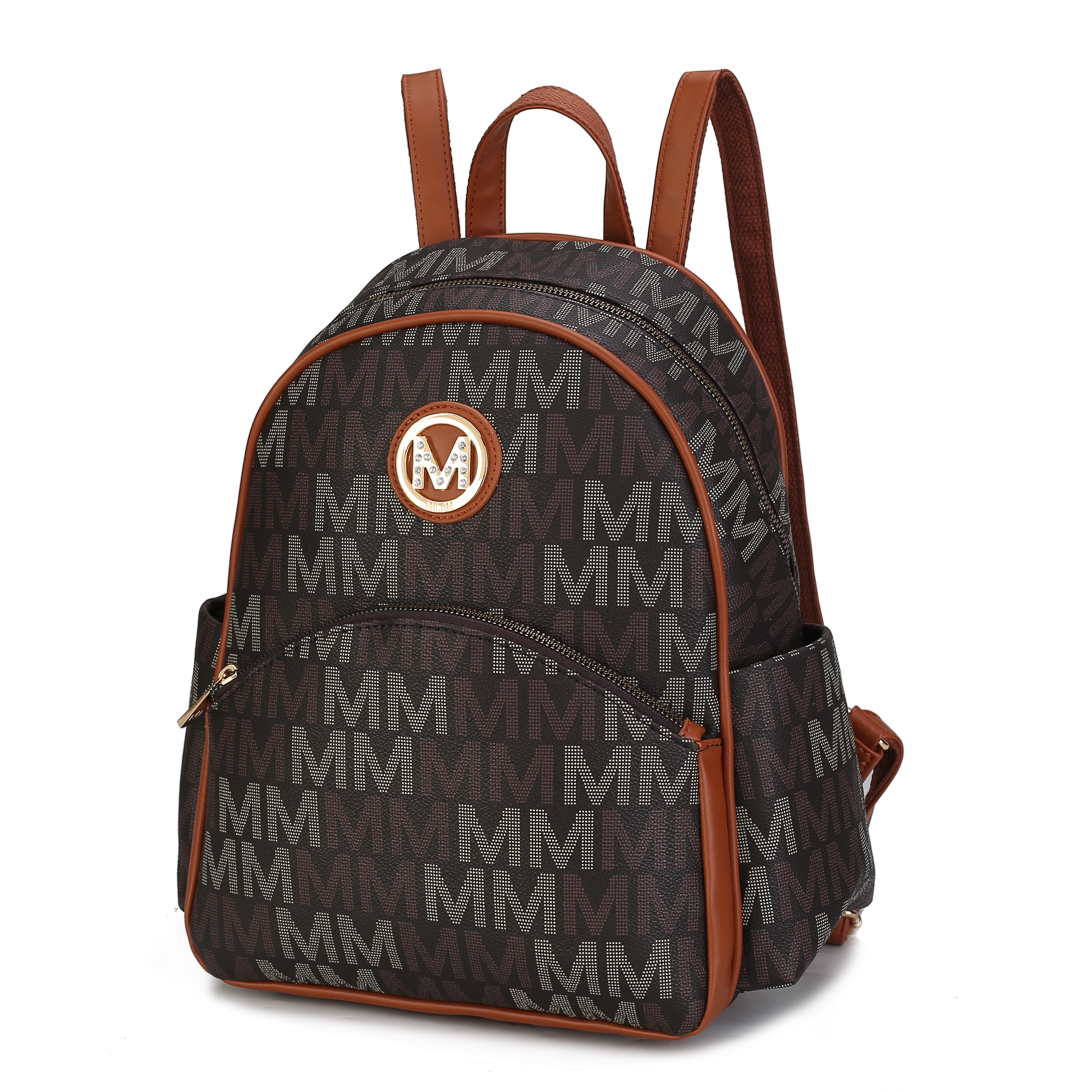 Brown backpack patterned with the letter \“M\“, featuring tan accents, a front zip pocket, and side pockets.
