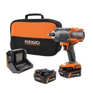 Ridgid cordless impact wrench kit with two 4.0 Ah batteries, charger, and carrying bag.