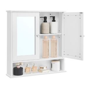 White wall-mounted cabinet with mirrored door, featuring various bottles and containers for personal care items and cosmetics on open shelves.