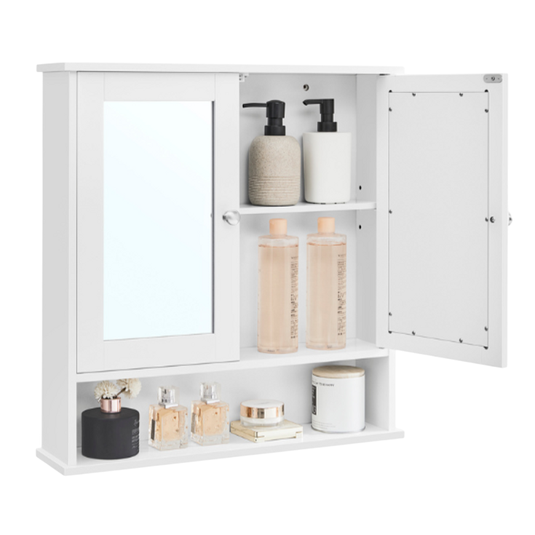 White wall-mounted cabinet with mirrored door, featuring various bottles and containers for personal care items and cosmetics on open shelves.