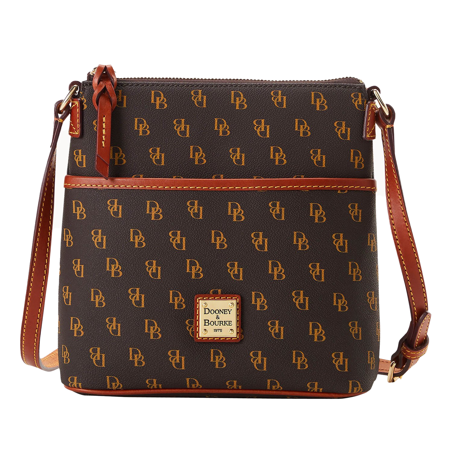 A brown Dooney & Bourke Gretta Crossbody bag with a DB monogram print, a logo plaque on the front, and a contrasting tan adjustable shoulder strap.