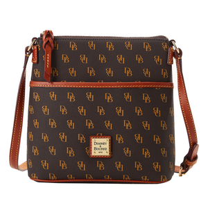 A brown Dooney & Bourke Gretta Crossbody bag with a DB monogram print, a logo plaque on the front, and a contrasting tan adjustable shoulder strap.