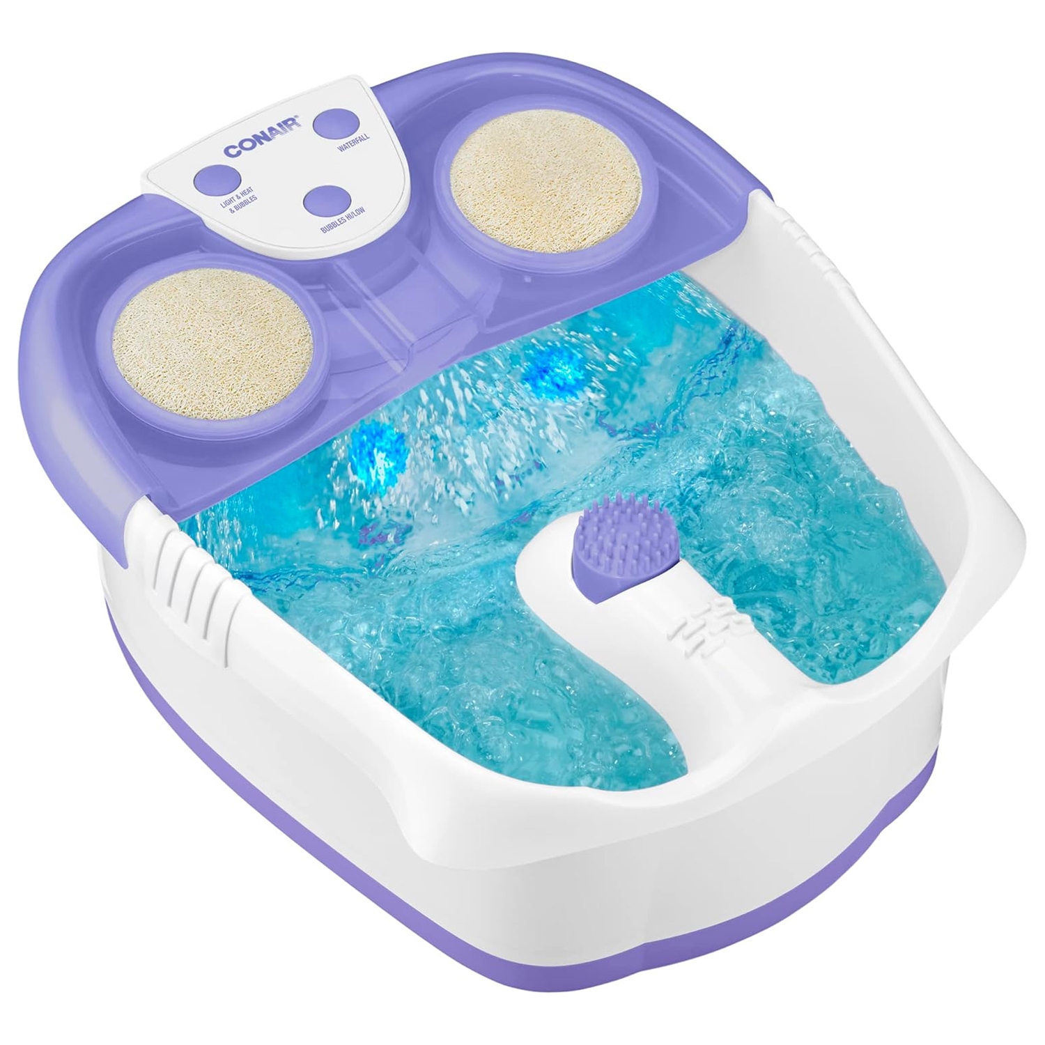 Conair Foot Spa features a soothing bubble massage, toe-touch controls, and two removable pumice stones for exfoliation. It has a purple and white design with calming lights under the water.