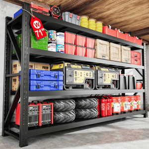 Metal shelving unit with multiple items: tools, generators, fire extinguishers, paint cans, storage bins, tires, and assorted containers. Dimensions: W 71\“.