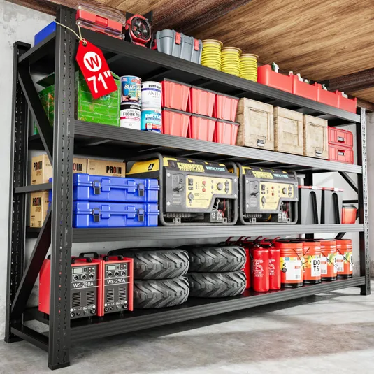 Metal shelving unit with multiple items: tools, generators, fire extinguishers, paint cans, storage bins, tires, and assorted containers. Dimensions: W 71\“.