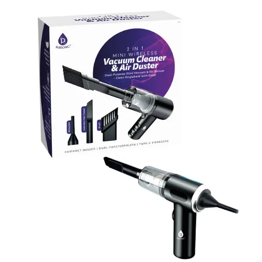 2-in-1 Mini Wireless Vacuum Cleaner & Air Duster by Pursonic, featuring dual functionality for vacuuming and air blowing, Type-C charging, and a compact design.