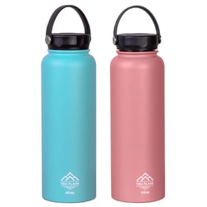 Two insulated water bottles, one light blue and one pink, each with a capacity of 40 oz, featuring a black handle and lid.
