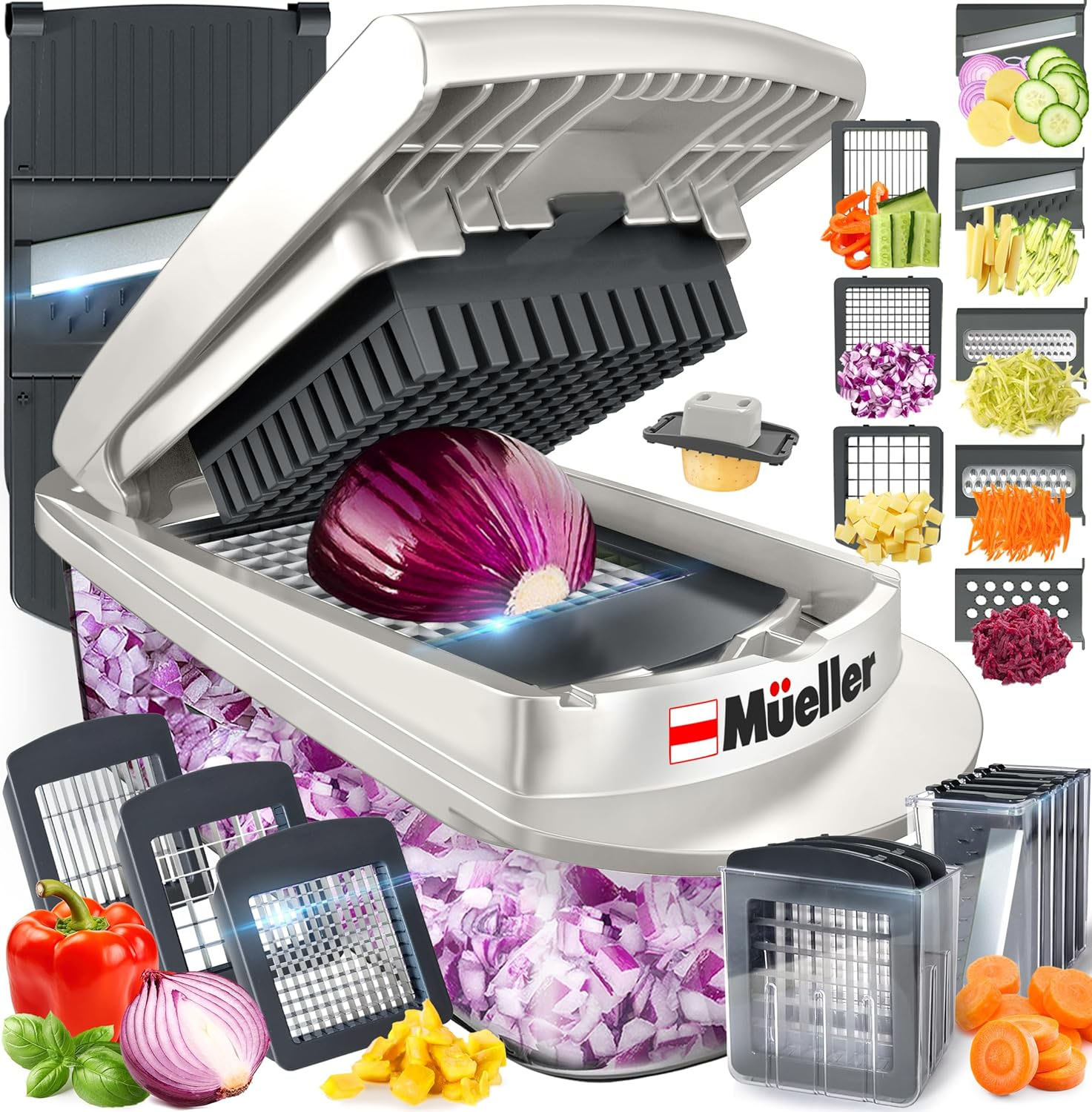 Mueller 10-in-1 Food Chopper is a versatile kitchen tool featuring interchangeable blades for dicing, slicing, grating, and julienning various vegetables and fruits, with a storage container for convenience.