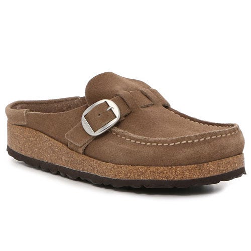 a pair of brown clogs with a silver buckle