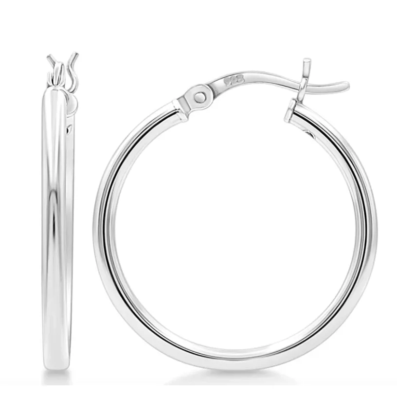 Silver hoop earrings with a smooth finish and a hinged closure, displayed from side and front views.