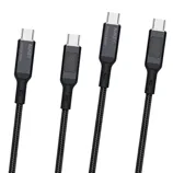 A set of black Aukey USB-C cables, featuring an LED display for charging status and a braided design for durability.