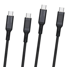 A set of black Aukey USB-C cables, featuring an LED display for charging status and a braided design for durability.