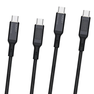 A set of black Aukey USB-C cables, featuring an LED display for charging status and a braided design for durability.