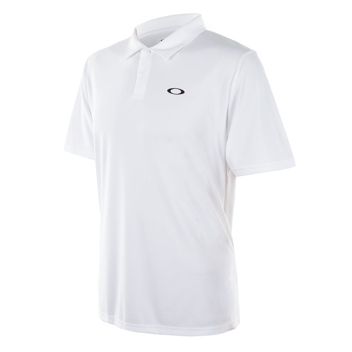White Oakley Men's Origin Polo with short sleeves, a collar, two-button placket, and a black Oakley logo on the chest.