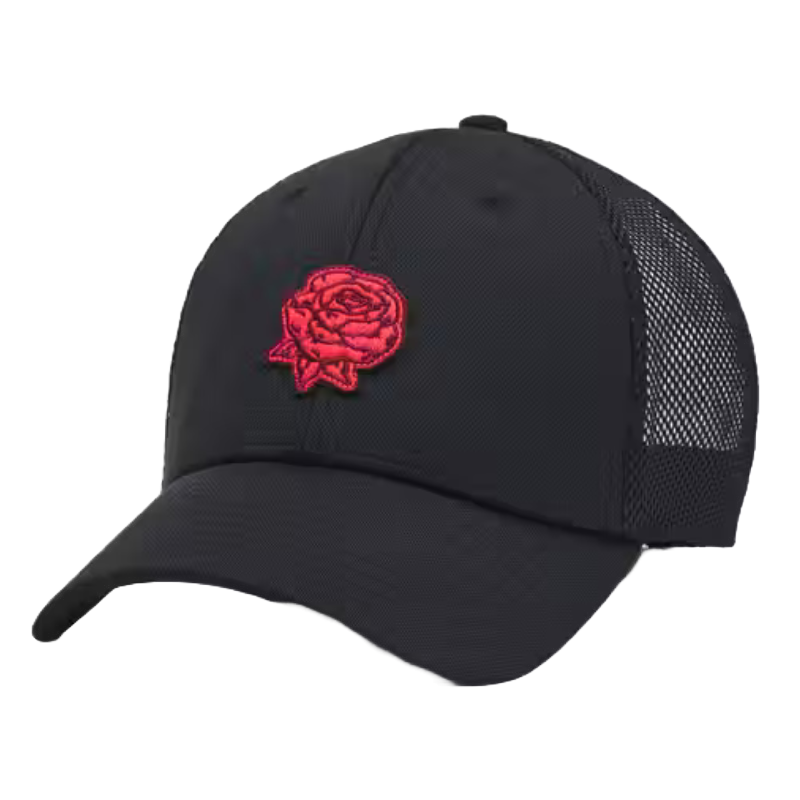 Black trucker hat with a mesh back featuring a red rose embroidery on the front.