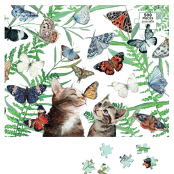 500-piece puzzle featuring two cats surrounded by a variety of butterflies on a leafy background.