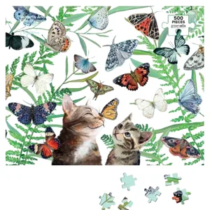 500-piece puzzle featuring two cats surrounded by a variety of butterflies on a leafy background.