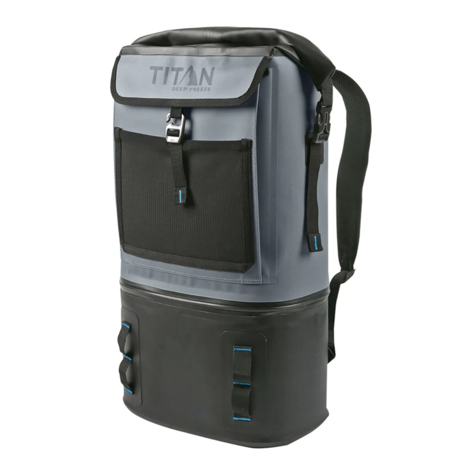 Titan Deep Freeze cooler backpack with a roll-top design, front pocket, and adjustable shoulder straps.
