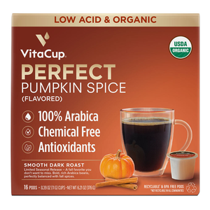 VitaCup Perfect Pumpkin Spice coffee pods, smooth dark roast, USDA organic, 100% Arabica, chemical-free with antioxidants, 16 pods per pack.