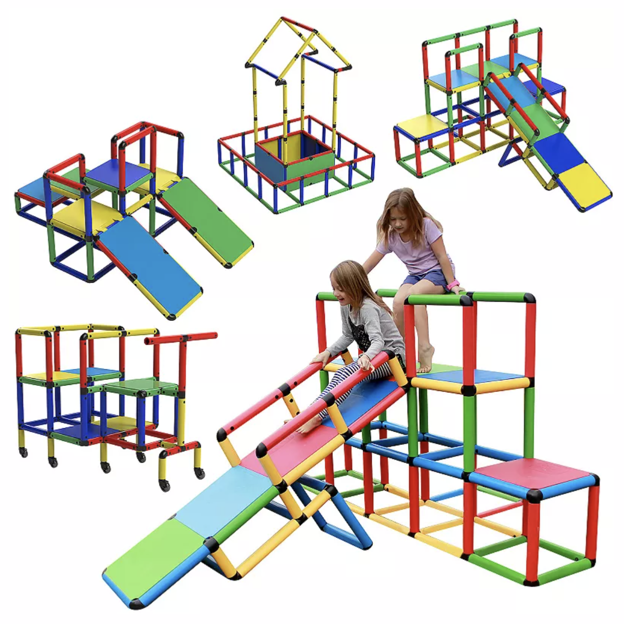 A colorful indoor play structure with various modular configurations, including slides, platforms, and climbing areas, suitable for children.