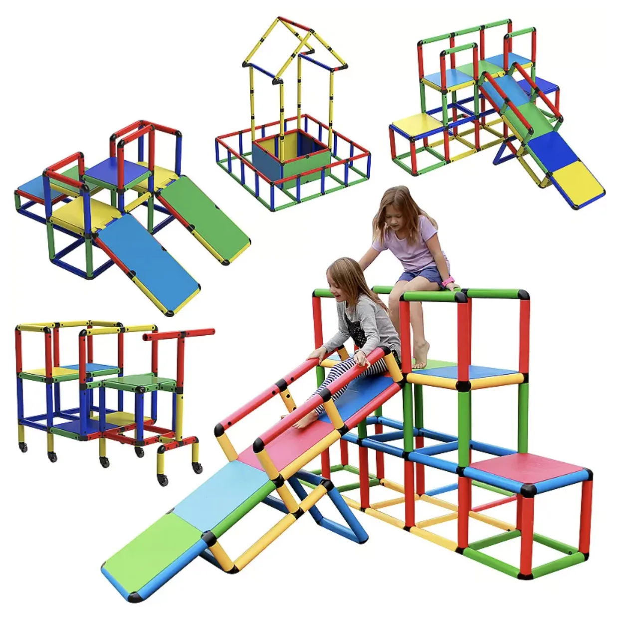 A colorful indoor play structure with various modular configurations, including slides, platforms, and climbing areas, suitable for children.