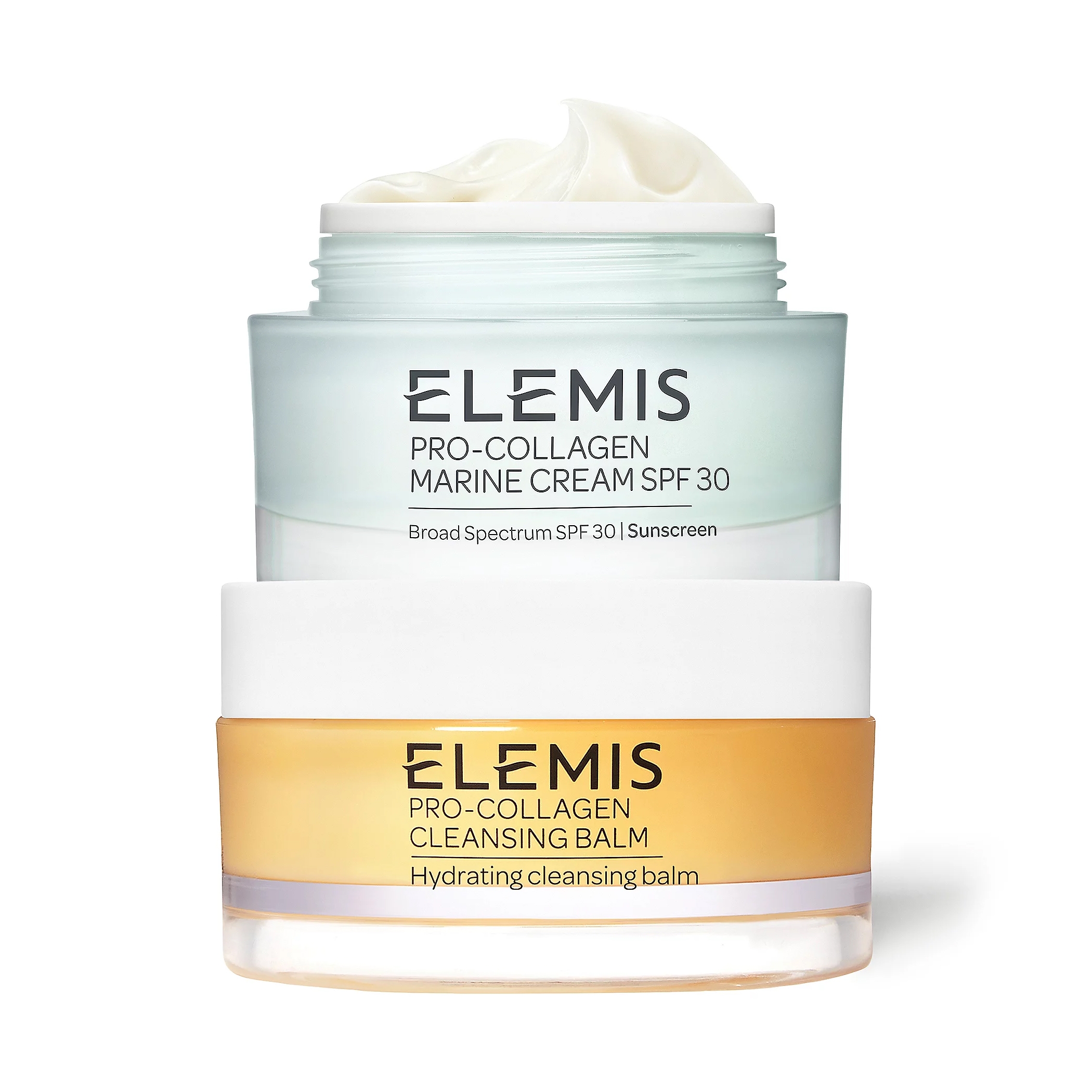 Elemis Pro-Collagen Marine Cream SPF 30 and Pro-Collagen Cleansing Balm are shown. The cream offers sunscreen protection, while the balm is hydrating.
