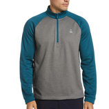 A man is wearing a men's pullover with teal sleeves and a gray body. The top features a quarter-zip design with a small logo on the chest.