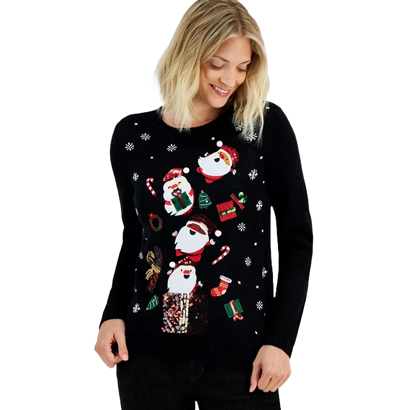 A black sweater featuring festive, sequined Santa Claus designs, surrounded by snowflakes, candy canes, presents, and stockings, ideal for a holiday celebration.