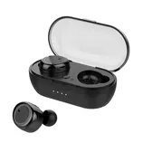 Wireless earbuds with a black charging case featuring a transparent lid and LED indicators. One earbud is placed in the case, while the other is positioned outside.