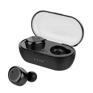 Wireless earbuds with a black charging case featuring a transparent lid and LED indicators. One earbud is placed in the case, while the other is positioned outside.