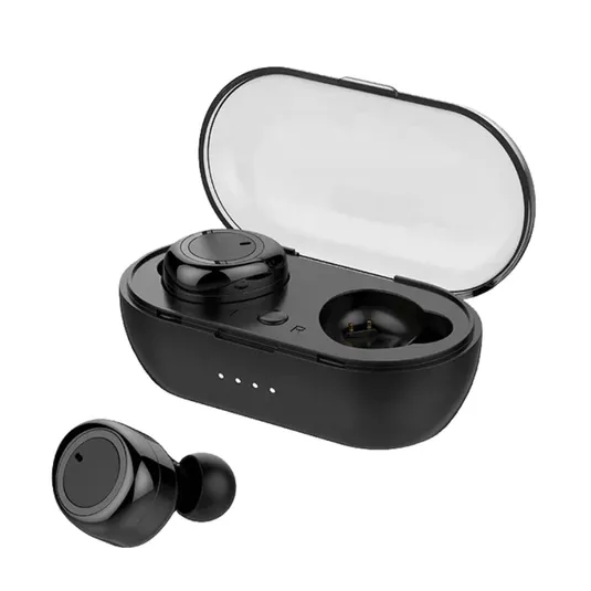 Wireless earbuds with a black charging case featuring a transparent lid and LED indicators. One earbud is placed in the case, while the other is positioned outside.