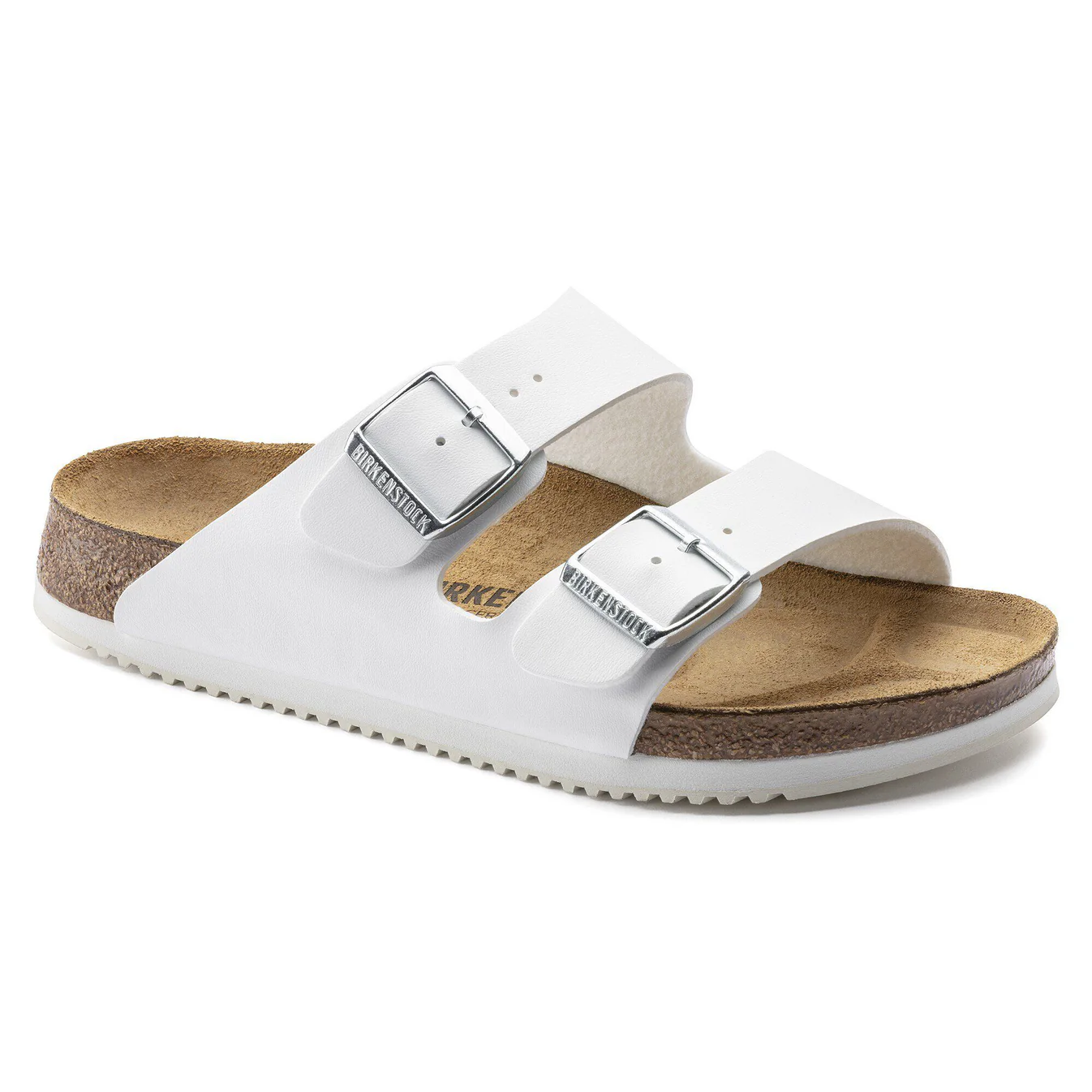 White Birkenstock sandal with two adjustable straps, cork footbed, and textured rubber sole.