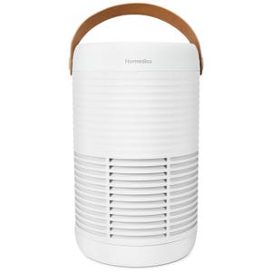 A HoMedics air purifier with a cylindrical design and a brown carrying handle, featuring a two-tier ventilation grill.