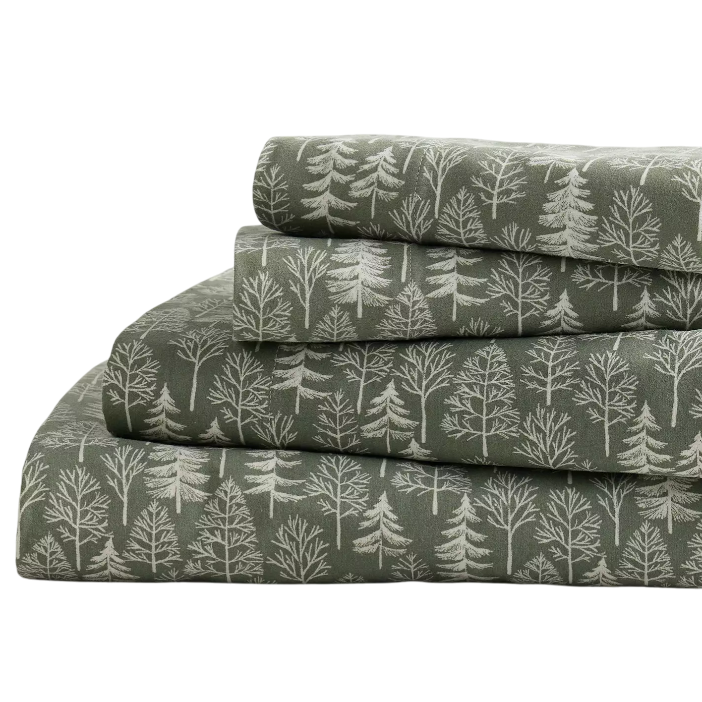 A stack of bedsheets with a forest tree pattern in white on a dark green background.