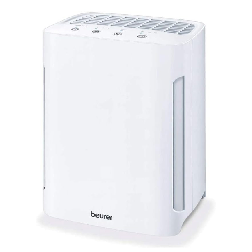 A white Beurer air purifier featuring a simple, rectangular design with vented top and touch controls.