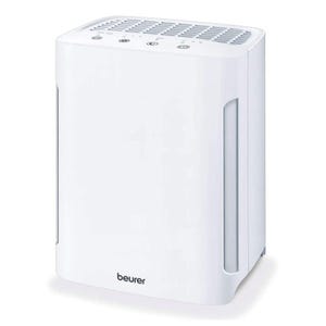 A white Beurer air purifier featuring a simple, rectangular design with vented top and touch controls.