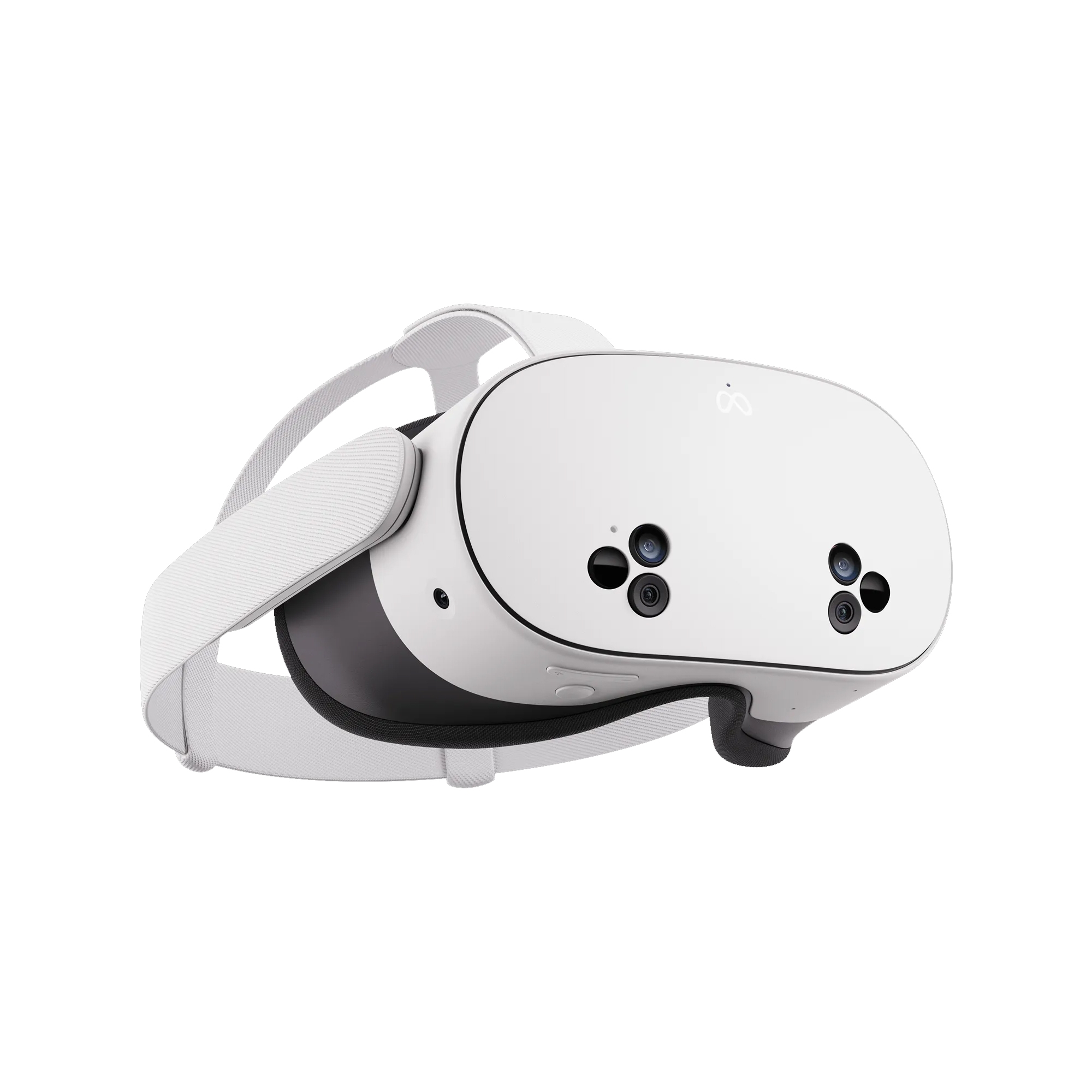 A white virtual reality headset with an adjustable strap and four front-facing cameras.