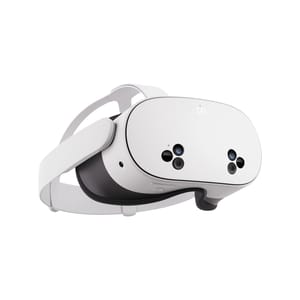 A white virtual reality headset with an adjustable strap and four front-facing cameras.