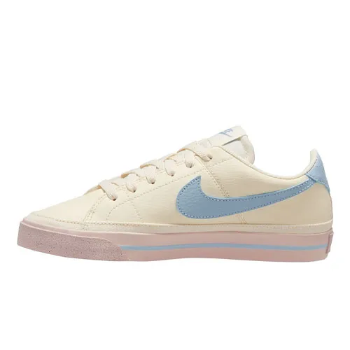 A cream-colored Nike sneaker with a light blue swoosh and pink accents on the sole.